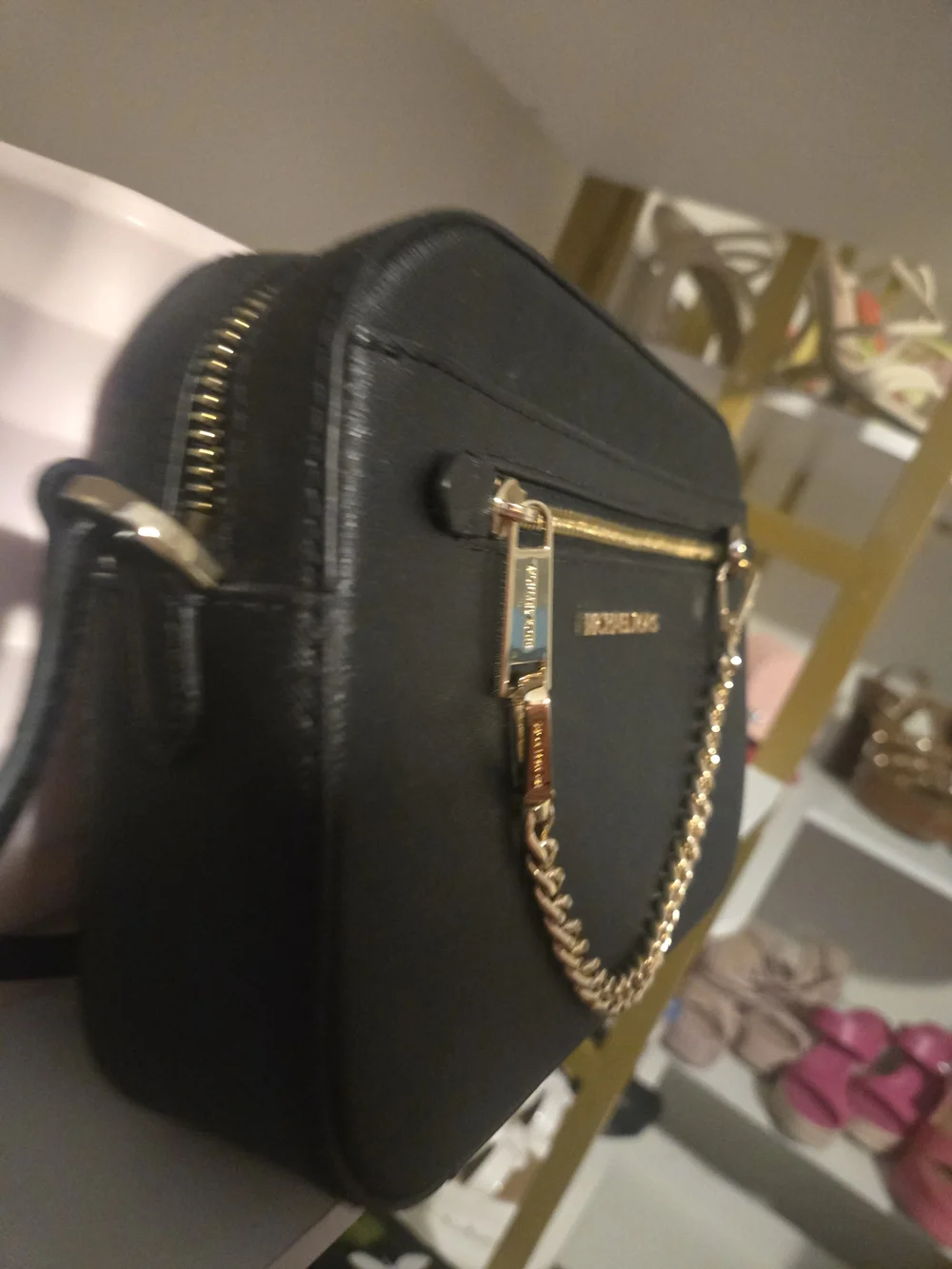 Michael Kors Black Saffiano Leather Crossbody Bag with Gold Chain